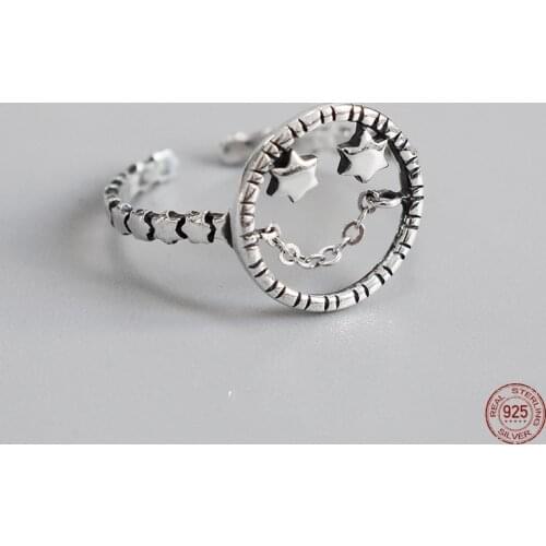 LKO Vintage 925 Sterling Silver Smiling Face Star Open Rings for Women Punk Hip Hop Adjustable Ring Fashion Jewelry Best Gift