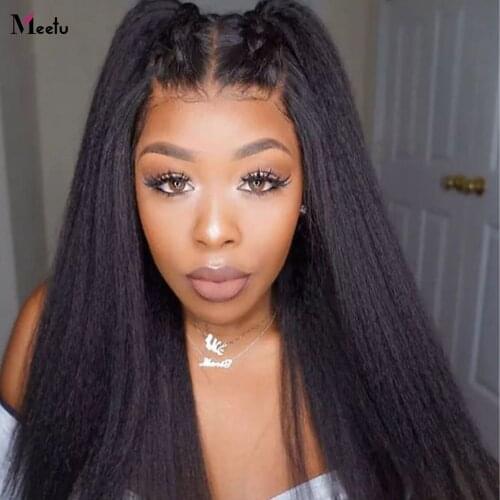 Meetu Kinky Straight Wig Lace Front Human Hair Wigs Pre Plucked Brazilian 5x5 Transparent Lace Closure Wig Yaki Human Hair Wig