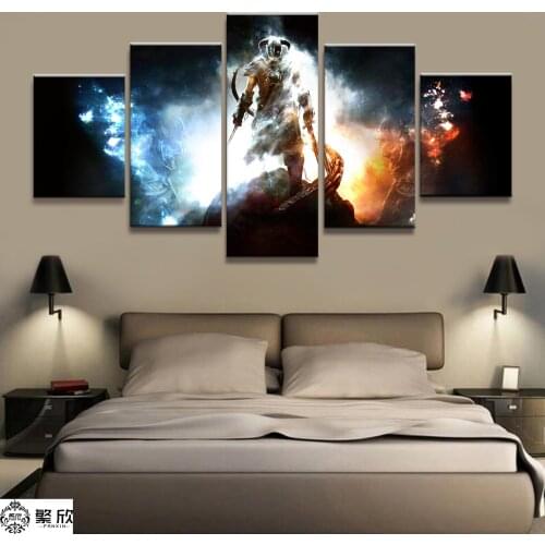 Home Decor Modular Canvas Picture 5 Piece Elder Scrolls V Skyrim Game Painting Poster Wall For Home Canvas Painting Wholesale