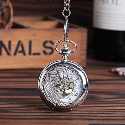 Phoenix Vintage Silver white steel Hollow out gold surface Men and students gift cowboy chain pocket watches