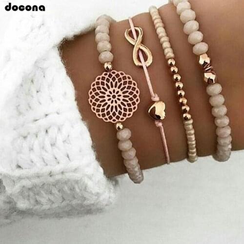 Docona Retro Gold Color Beadeds Heart Round Bracelet Set For Women Boho Flower Chains Adjustable Party Jewelry Pulseiras 4019