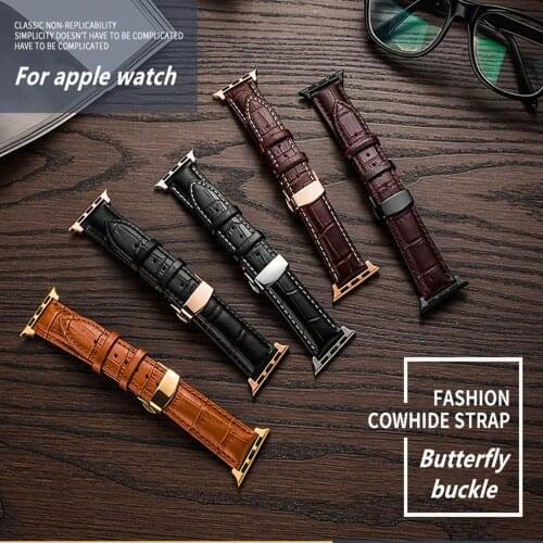 Genuine Leather strap For Apple watch band 4 44mm 40mm Butterfly buckle bands Iwatch series 3 2 1 42mm 38mm bracelet wrist belt