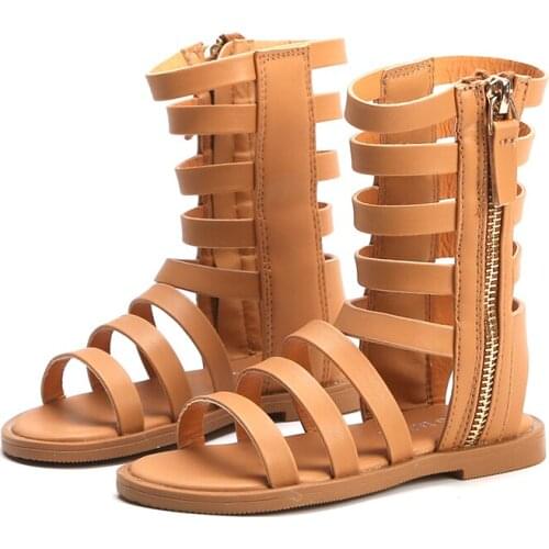 Girls Sandals Roman Style Children Summer Sandals Open Toe Cut-Outs Flat Beach Shoes High Top with Side Zipper SMG070