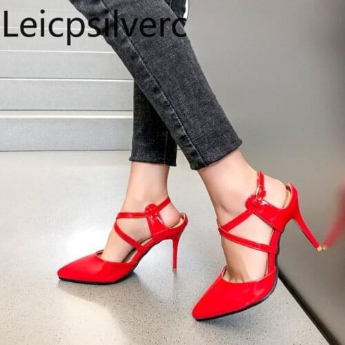 Pumps Spring and autumn new style Cross-tied Pointed Shallow mouth Buckle Fine heel High heel Womens shoe plus size 30-48