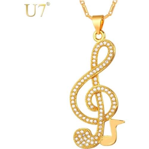 U7 Music Note Necklaces & Pendants Trendy Cubic Zirconia Crystal Gold Color Luxury Musical Jewelry For Women Gift P674