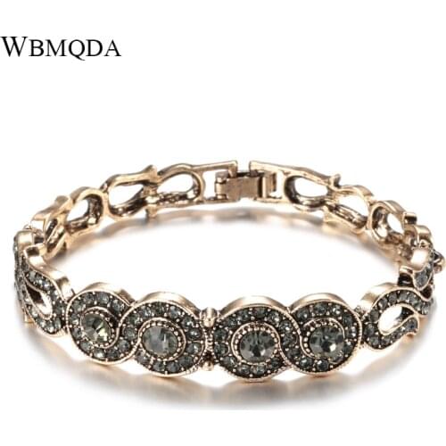 Wbmqda Gray Crystal Ethnic Bride Wedding Bracelet for Women Antique Gold Color Boho Charm Cuff Bangle Bracelet Vintage Jewelry