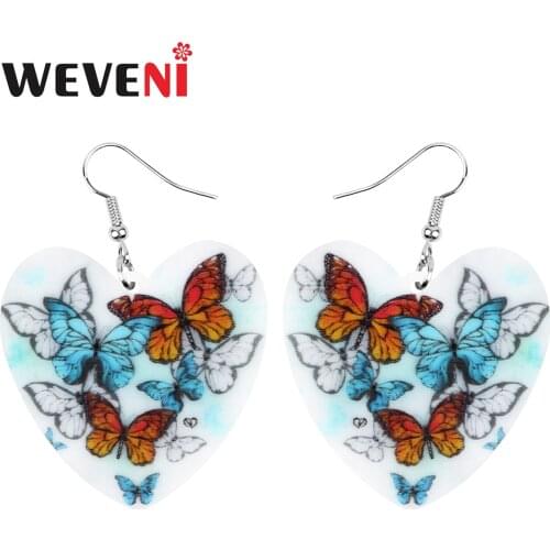 WEVENI Acrylic Heart Pattern Butterfly Earrings Aesthetic Cute Insect Animal Dangle Drop Jewelry For Women Girls Kids Funny Gift