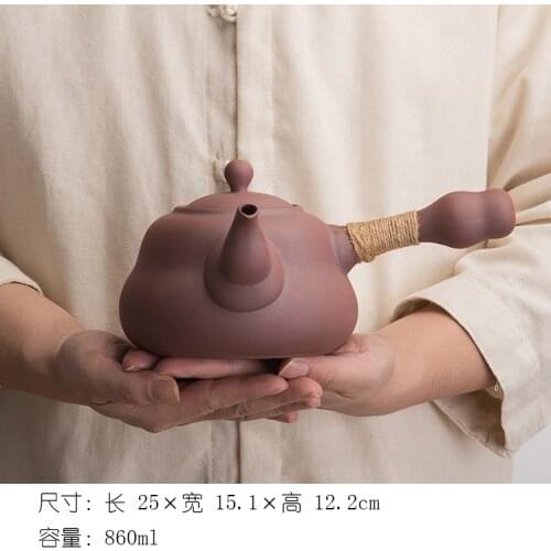 Japanese large ceramic single side handle rough pottery kettle black tea flat bottom pot kung fu tea ceremony set teapot