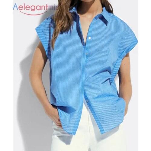 Aelegantmis Casual Striped Short Sleeve Shirts Women Turn Down Collar Button Shirt Summer Korean Chic Straight Blouse Mujer New