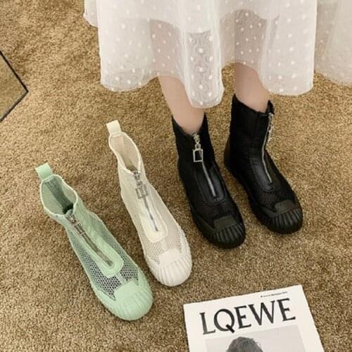 Temperament Hollow Breathable Zipper Ladies Martin Boots Net Boots Summer Hot Sale Korean Thick Bottom Medium Tube Single Boots