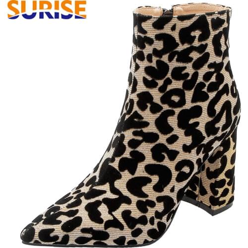 Gold Leopard Women Ankle Boots Silver Glitter PU High Square Heels Pointed Toe Party Office Lady Winter Plush Zipper Short Boots
