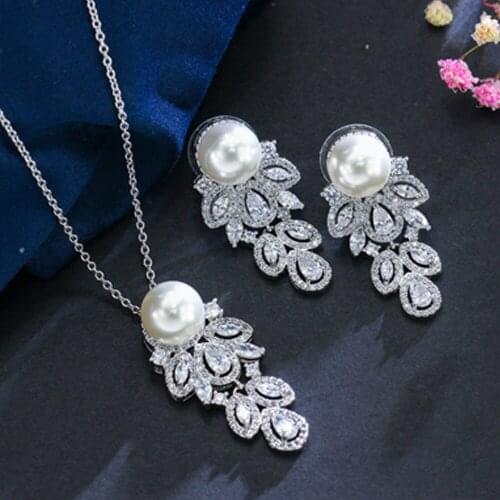 ThreeGraces Fashion Wedding Party Jewelry Brilliant Cubic Zirconia Pearl Designer Earrings Necklace Set for Women JS250