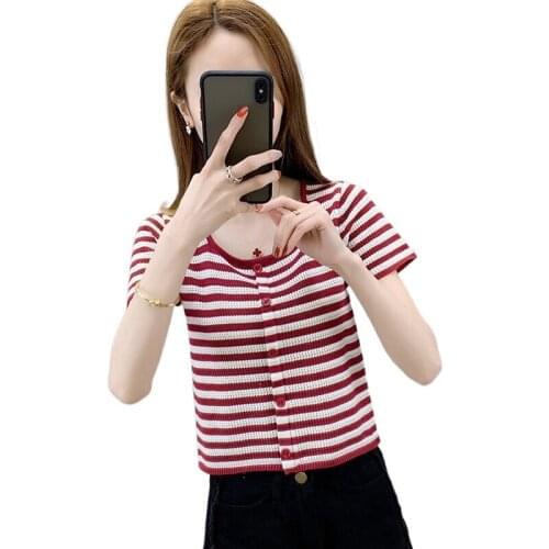 Short top womens 2021 new summer wear Korean round neck short sleeve ice silk slim stripe T-shirt womens wine red