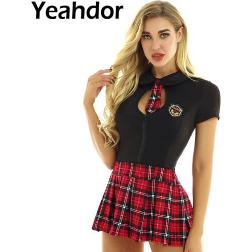 Women Adults School Students Cosplay Costume Outfit Short Sleeves Back Hollow Out Top Plaid Mini Skirt with G-string and Tie