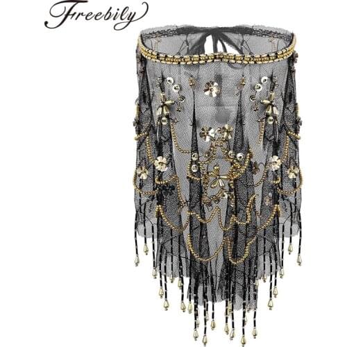 Women Ladies Belly Dance Costume Headwear Mesh See Through Sheer Indian Tribal Face Veil Beads Tassels Accessory