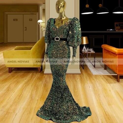 Spring Women Long Sleeves Mermaid Evening Dress 2021 Glitter Sequin Elegant Caftan Arabic Prom Gowns Party Dresses AN3557
