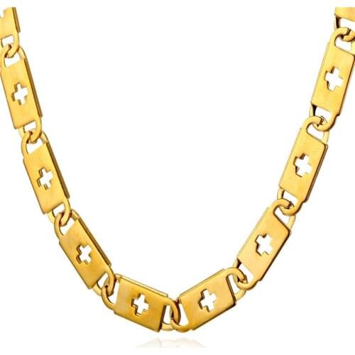 Box Link Chain Men Necklace With Hollow Cross Stainless Steel Gold Color Chain Necklace Wholesale Christian Men Jewelry N109