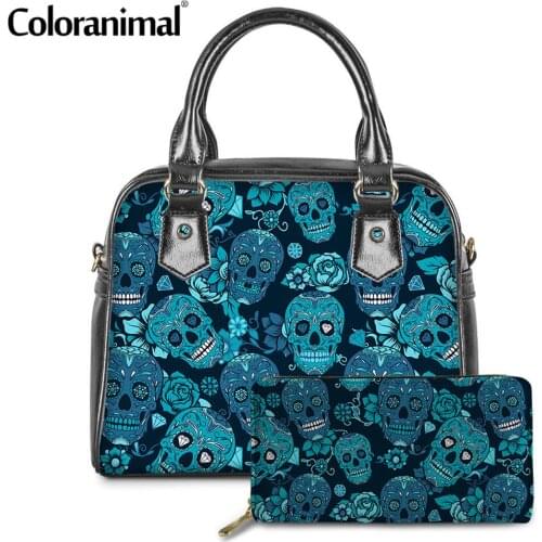 Coloranimal 2020 New 2Pcs/Set Women Handbags&Wallets Cool Sugar Skull Pattern Female Crossbody Bags PU Tote Shoulder Bags Bolsa