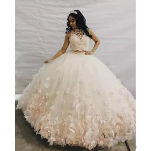 Angelsbridep High Neck 2 Pieces Ball Gown Quinceanera Dresses Sweet 16 Beaded Fashion Flowers Cinderella Birthday Party Gowns
