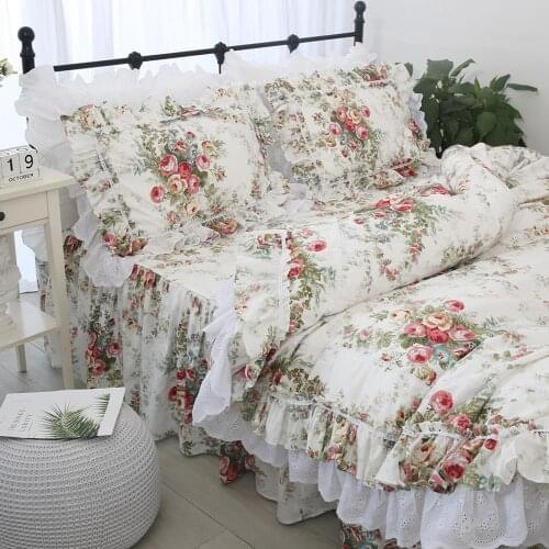 Free shipping 100%cotton Korean princess floral ruffles embroidered lace bedding set twin full queen king size bed skirt YYX
