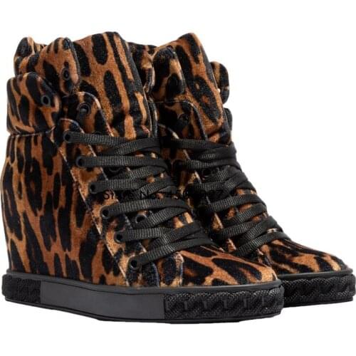 Round Toe Booties Women Leopard Ankle Boots Lace Up Footwear Platform High Heels Wedges Shoes Woman Bota Feminina