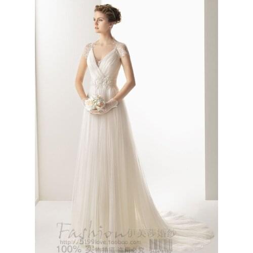 Elegant V-neck long princess sweetheat lace short sleeve empire waist trouwjurk plus size bridal gown Bespoke Wedding Dresses