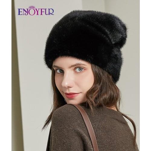 ENJOYFUR Natural Whole Mink Hats Winter Women Fashion Bead Warm Layer Fur Earflap Bonnets Casual Brand Russia Female Ski Beanie