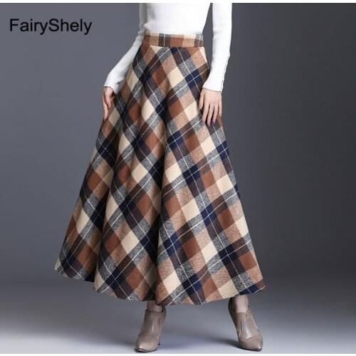 FairyShely 2020 Autumn Winter High Waist Scottish Umbrella Maxi Skirt Women Casual Pocket England Grid Skirt Plaid Long skirt