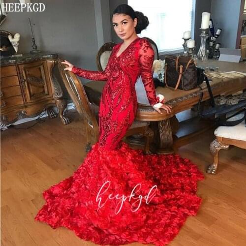 Graceful Red Mermaid Sequins Evening Dress 3D Flowers Long Sleeves Customize Girls Graduation Dress Plus Size Wedding Party Gown