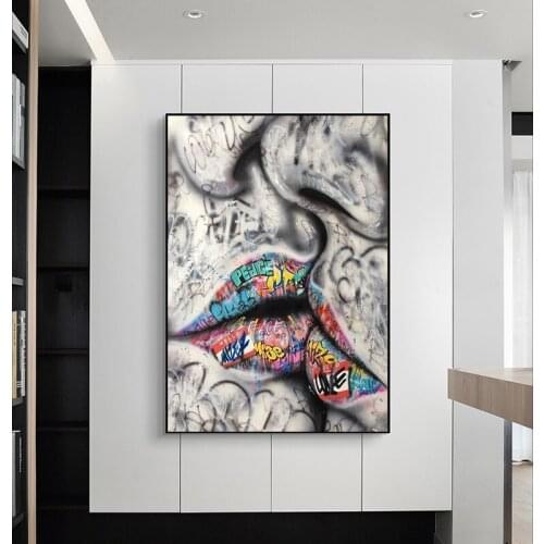 Lover Kissing Street Graffiti Art Painting on Canvas Posters and Prints Abstract Wall Art Picture for Living Room Home Decor