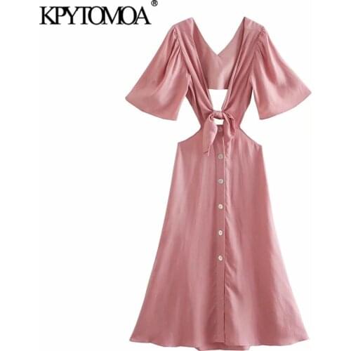KPYTOMOA Women 2021 Chic Fashion With Bow Tied Hollow Out Midi Dress Vintage Short Sleeve Backless Female Dresses Vestidos Mujer