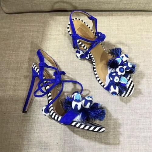 Fashion Mixed Color Gladiator High Heel Sandals Women Stiletto Heel Beading Balls Fringe Tassel Summer Dress Shoe