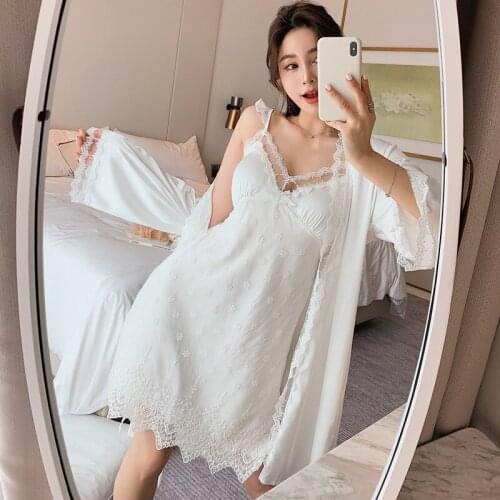 Sexy Lace Mini Nighty robe Set 2PCS Sleepwear Deep V-neck Nightdress Bath Gown Satin Homewear Suit Wedding Party Gift White