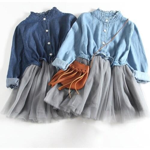 New Spring Autumn Baby Girl Dress Denim Mesh Patchwork Princess Girl Dress Long Sleeve Toddler Kids Dresses for Girls DQ612