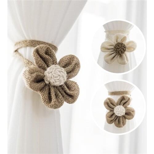 A Pair Linen Curtain Flower Tie Rope Cute Buckle Holder Sheer Curtain Accessories Home Decorative Pastoral Style CP-JD1046