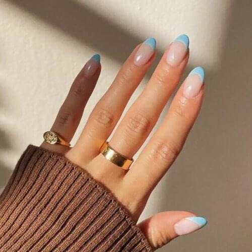 24pcs Blue Nail Patch Round Head Glue Type Removable Mid Length Paragraph Fashion Manicure Save Time False Nail Patch TN