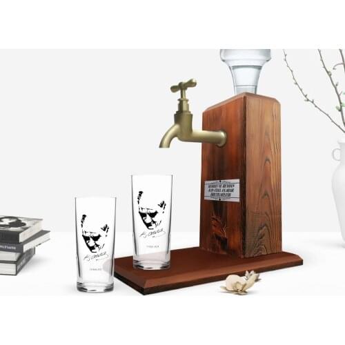 Personalized Colorful Printed Ataturk Themed Dual Arrack Cup and Wood Rack Stand Gift Seti-25