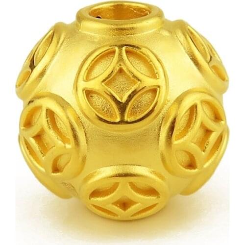Pure 24K Yellow Gold 3D Lucky Coin-Pattern Round Bead Pendant - 8mm, 10mm, 12mm, 14mm, 16mm