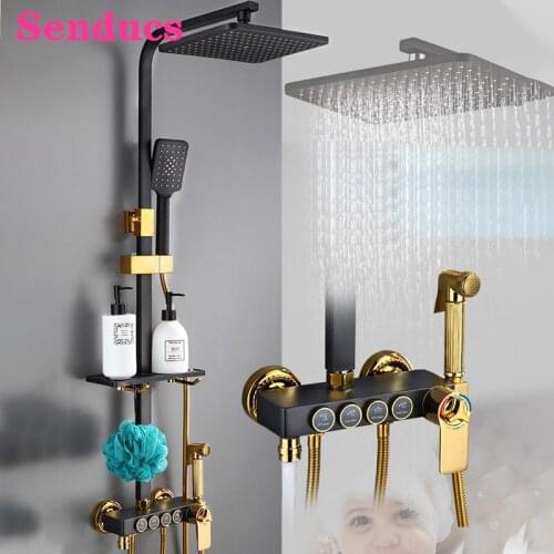 Senducs Bathroom Shower Set 12 Inch Rainfall Shower Head Solid Brass Bathtub Shower Faucets Black Gold Thermostatic Shower Set