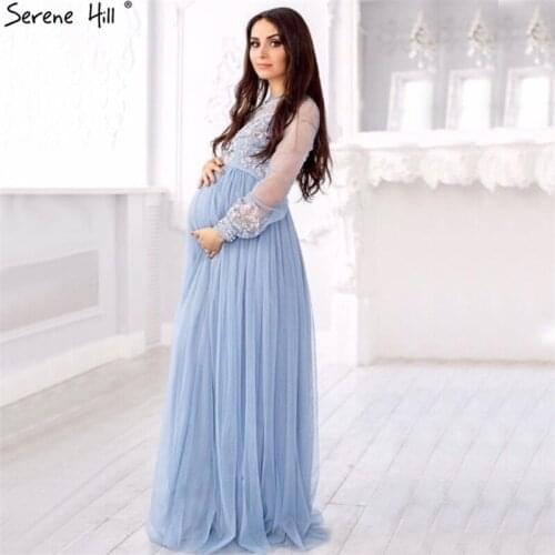 Blue O-Neck Sexy A-Line Prom Dresses Handmade Flowers Long Sleeves Simple Prom Gowns 2020 Serene Hill BHA2250