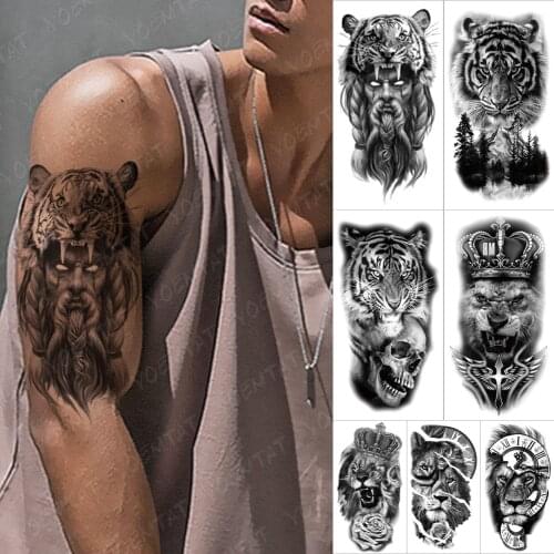 Waterproof Temporary Tattoo Sticker Hunter Tiger Crown Flash Tattoos Lion Rose King Clock Body Art Arm Fake Tatoo Women Men
