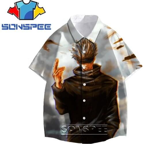 SONSPEE 3D Anime Fighting JiuJitsu Kaisen Japanese Casual Shirt Mens Womens Lapel Oversized Loose Cartoon Short Sleeve