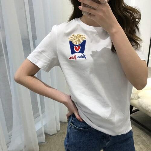 100% Cotton Women White Embroidery Short Sleeve T Shirt Hamburger Fries Pizza Pattern Hot T-shirt
