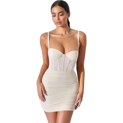Women 2020 Summer Spaghetti Strap Backless Bodycon Mini Dresses Elegant Ruched Vestidos Sexy Mesh Night Club Party Dress