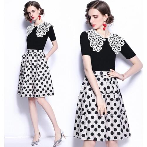 2021 New Women Two Piece Set Lace Office Lady A-LINE Knee-Length Set Kintting Black T-Shirts WIth Skirt O-Neck Women Summer Set