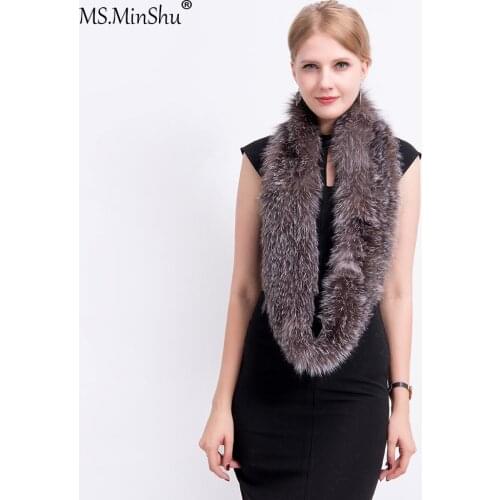 MS.MinShu Knit Fox Fur Scarf Infinite style Genuine Fox Fur Ring Scarf for Women Winter Plush Real Fur Shawl Free Shipping