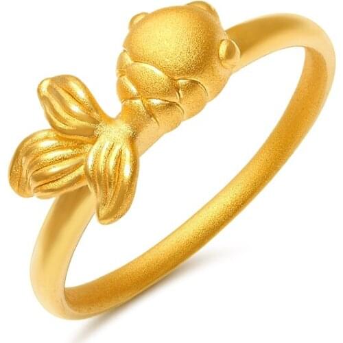 New Arrival Real 999 24K Yellow Gold Ring Women 3D Luck Goldfish Ring 1.3-1.5g US6-8