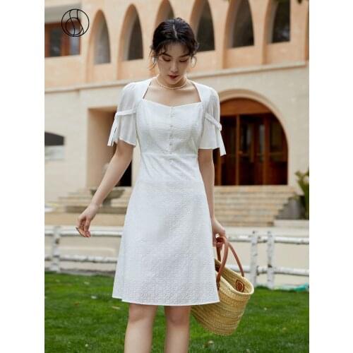 DUSHU 100% Cotton Office Lady French Retro Square Collar White Long Dress 2021 Summer New Products Woman Dress