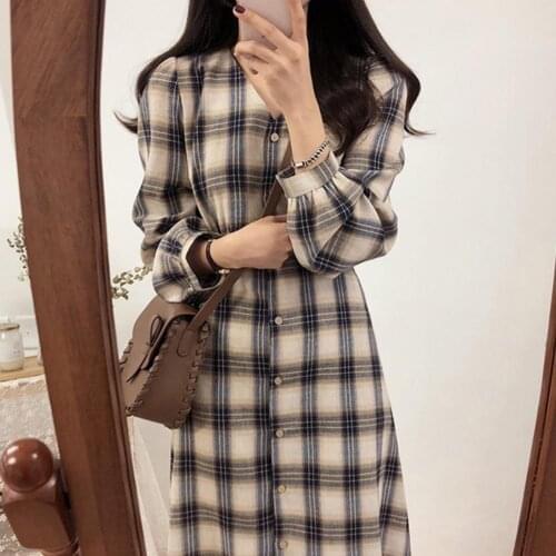 Women Vintage Breathable Plaid V Neck Spring Autumn Long Sleeve Buttons Waist Tied Dress for School