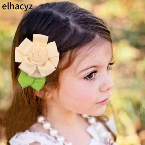 1PC New Spring Summer Ribbon Flower&Leaf Hair Clips Beautiful Colors Girls Hairpins Satin Headwear Lovely Gift Hair Accessories